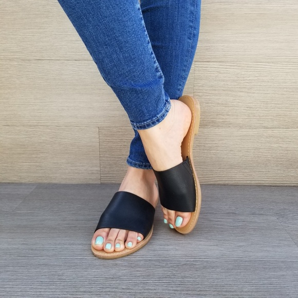 faux Leather Slip on Slider Black Flat Sandals-D - Picture 6 of 8